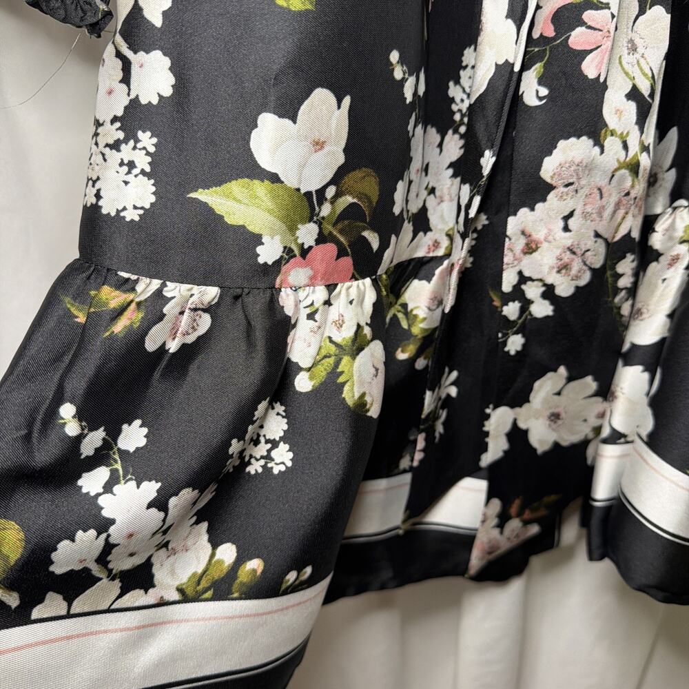 Anne Klein Women 12 Black Floral Shirt Dress Long Sleeve Belted Ruffle Hem - Picture 4 of 9